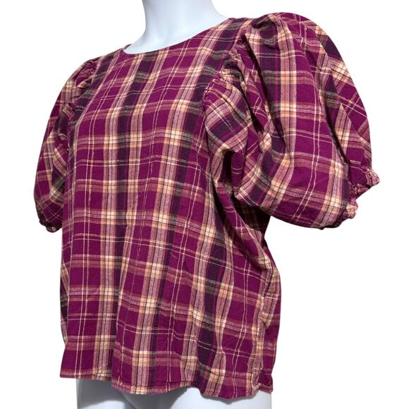 INC International Concepts Madison Plaid Puff-Sleeve Linen Blend Blouse XL - Picture 3 of 7